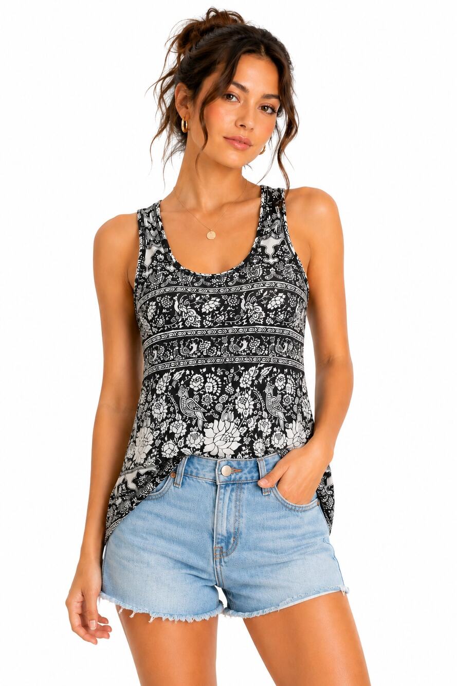 Lucky Brand Black Cream Floral Paisley Tank Top Boho Sleeveless Size L